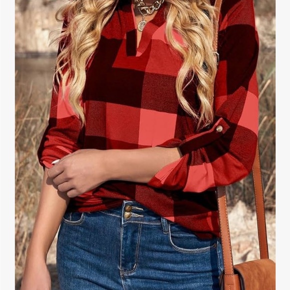 NWOT - Women’s Plaid V-Neck Long Sleeve Blouse – Size Large, Casual Work Top - Picture 2 of 15